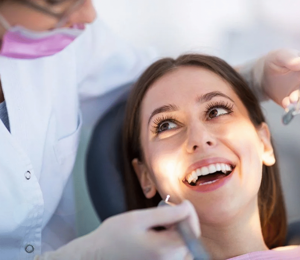 Dentistas en Tenerife examinando la sonrisa de una paciente para tratamientos dentales integrales.